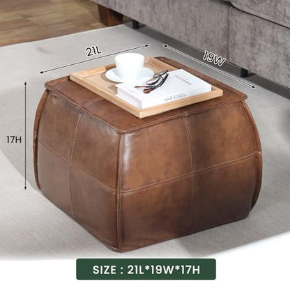 Genuine Leather Ottoman, Square Pouf Ottoman Foot Rest, Leather Footstool for Living Room (Brown, Square)