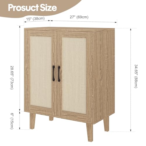 Buffet Cabinet Sideboard with Rattan Decorated Doors Kitchen Storage Cupboard Accent Cabinet (Natural Wood)