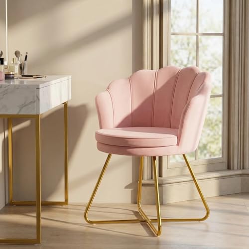 Pink Vanity Chair with Back, Velvet Shell Accent Chairs for Living Room Bedroom, Criss Cross Chair with Gold Legs no Wheels, Seat for Make up