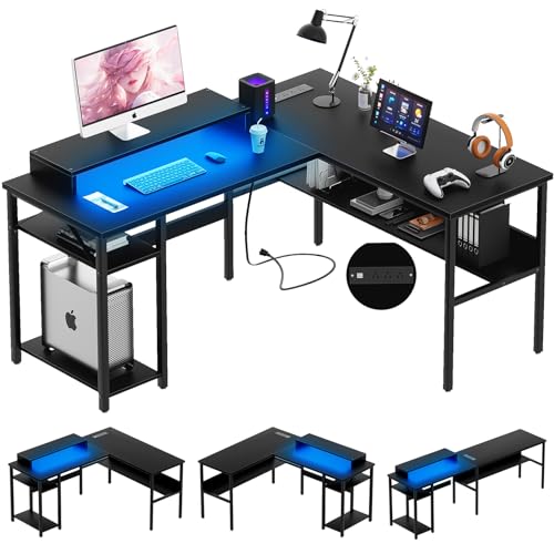 Reversible L Shaped Desk with Magic Power Outlets and Smart LED Light, Sturdy Corner Computer Desk with Monitor Stand & Storage Shelves, Gaming Table Home Office Desk, Easy Assembly, Black