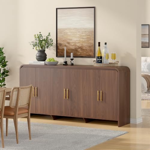 71 Inch Modern Sideboard Buffet Cabinet with Large Storage, 6 Doors, Walnut, view 4