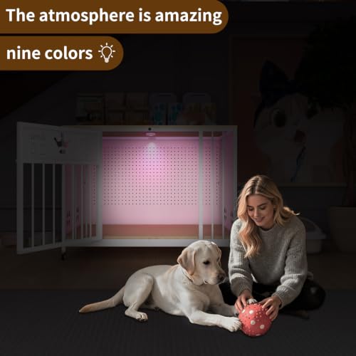 31.5" Iron Pegboard Dog Crate Furniture with Solid Wooden Top & RGB Lights, view 4