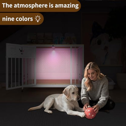 31.5" Iron Pegboard Dog Crate Furniture with Solid Wooden Top & RGB Lights, view 4