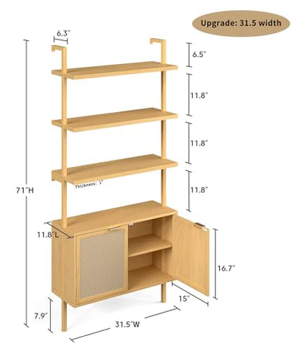 71in Rattan Ladder Bookshelf - 31.5in Wide Book Shelf with Storage, 6-Tier Bookcase with Doors for Living Room,Bookshelf with Cabinet, Oak