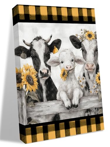 NuYeBiofx Farmhouse Cow Sheep Buffalo Plaid Canvas Wall Art Prints,30"x20" Framed Picture Artwork Rustic Sunflower Wood Fence Printed Canvas Oil Painting for Living Room Bedroom Office,Ready to Hang