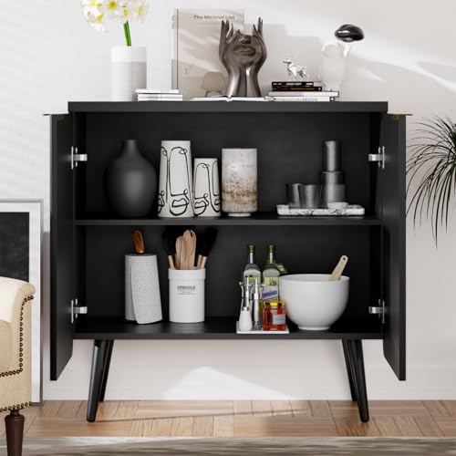 Wood Fluted Sideboard with 2 Doors, Modern Buffet Cabinet with Shelves, Multi-Space Storage Credenza Kitchen for Entryway, Dining & Living Room, Black