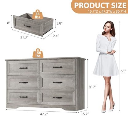 Farmhouse Wood 47.2" Wide 6 Drawer Dresser for Bedroom, Grey, view 3