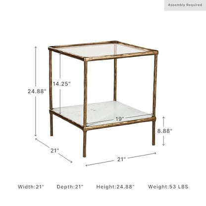 Signature Design by Ashley Ryandale Square Accent Table for Living Room, Sand‑Casted Aluminum Frame With Brass Finish, Glass Top and White Marble Shelf, 21" Size