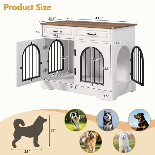 43.3" Dog Crate Furniture End Table with Storage Drawers, White, view 8