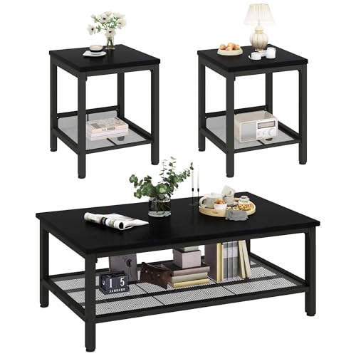 Coffee Table Set of 3, Industrial Coffee Table with 2 Square End Side Tables, Modern Living Room Table Set, with Metal Frame, for Apartment Home Office, Black