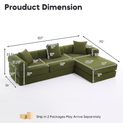 L Shaped Modular Sofa Bed with Cylindrical Pillow & Reversible Chaise, Corduroy Folding Floor Convertible Sofa Couch Bed with Fixed-Shape Frame & Storage Pocket for Living Room, Green