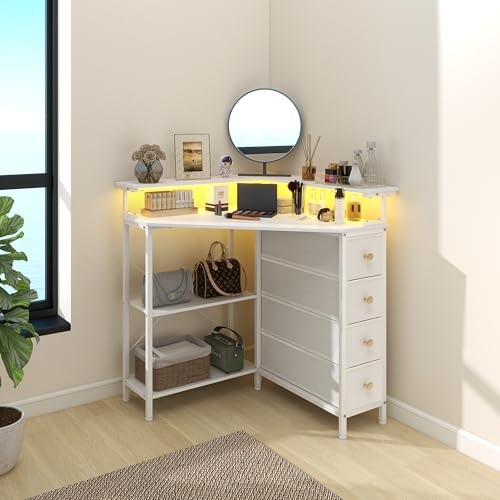 Corner Desk with Drawers Shelves for Small Space 90 Degrees Triangle Computer Desk with Power Outlets,Gaming Desk with LED Lights Monitor Stand for Home Office Workstation Writing Table (White)