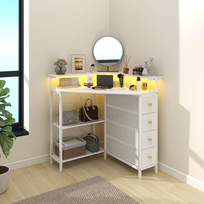 Corner Desk with Drawers Shelves for Small Space 90 Degrees Triangle Computer Desk with Power Outlets,Gaming Desk with LED Lights Monitor Stand for Home Office Workstation Writing Table (White)