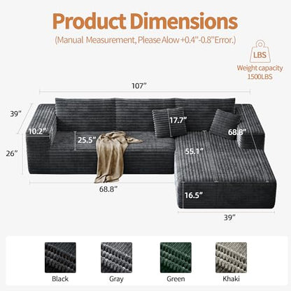 Modular Sectional Couches for Living Room, Comfy Shaped Boneless Cloud Couch with Chaise, Modern Deep Seat Corduroy Floor Sofa, No Assembly Required (Grey, 107" L-Shaped Right)
