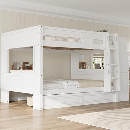 JIVOIT Full Size Bunk Bed, Multifunctional Wood Bunk Bed Frame with Desk and Bookshelves, Drawers, Space-Saving Design, Wooden Slats Support, No Box Spring Needed (White,Full-43)