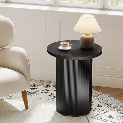 Tribesigns Round End Table, Farmhouse Pedestal Side Table, Fluted Wooden Nightstand Drink Stand for Living Room, Bedroom (1, Black)
