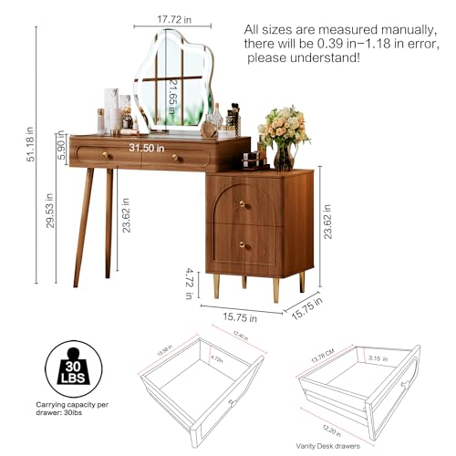 Walnut Stylish Corner Makeup Vanity Table，Vanity Desk with Lighted Mirror and 4, view 3