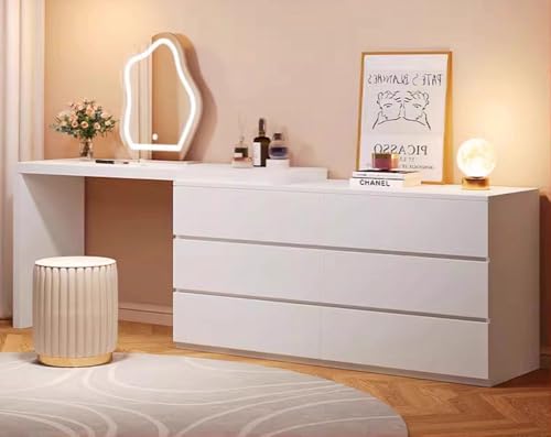 LAKIQ Modern White Makeup Vanity Desk with 6 Drawers Storage Manufactured Wood Adjustable Vanity Dressing Table for Small Space Without Mirror Stool (Vanity Desk Only, (31.5"+47.2")L x 16"W x 29.5"H)