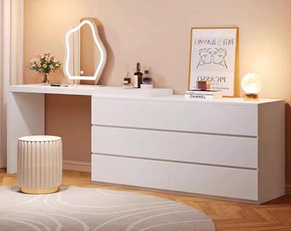 LAKIQ Modern White Makeup Vanity Desk with 6 Drawers Storage Manufactured Wood Adjustable Vanity Dressing Table for Small Space Without Mirror Stool (Vanity Desk Only, (31.5"+47.2")L x 16"W x 29.5"H)