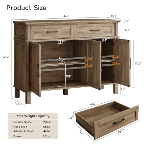 48 Inch Buffet Cabinet with Storage, Washed Grey, view 3