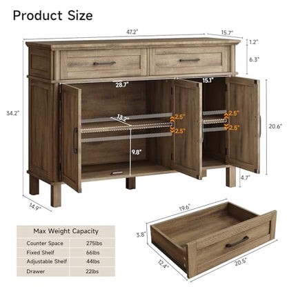 48 Inch Buffet Cabinet with Storage, Washed Grey, view 3