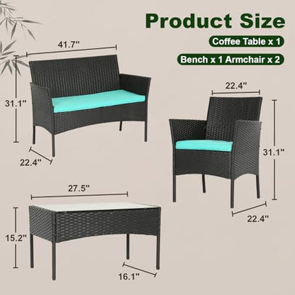 | 4-Piece Patio Furniture Set | Blue | Outdoor Wicker Furniture with Coffee Table | Modern Rattan Chairs Conversation Set | Outdoor Seating | Weather-Resistant | for Porch, Garden, Lawn