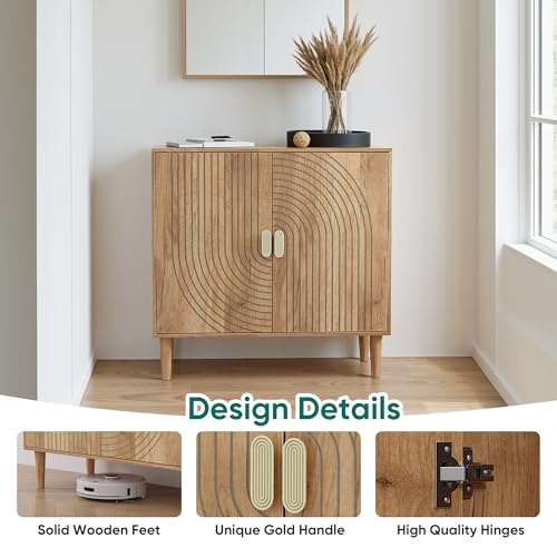 Oak Sideboard Cabinet, Freestanding Buffet Cabinet with Line Groove Design, view 7