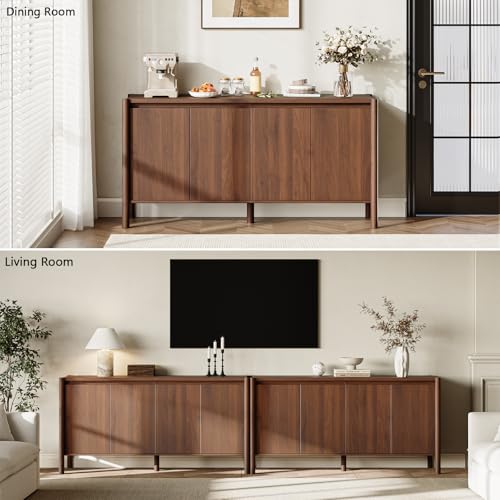 59 Inch Walnut Buffet Cabinet, Mid Century Wood Sideboard Storage, view 7