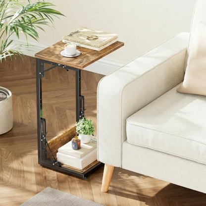 C Shaped End Table, Folding TV Tray Table, Side Table for Living Bedroom, Rustic Brown
