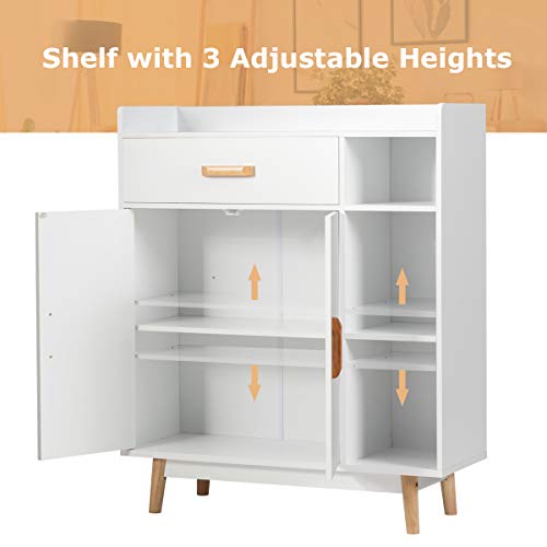 Floor Storage Cabinet, Freestanding Cupboard with 1 Drawer, 2 Doors, 3 Shelves, 4 Rubber Wood Legs, Sideboard, Entryway Unit for Home Office, Living Room, Storage Organizer (White)