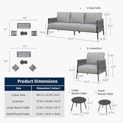 5-Piece Patio Furniture Set | Life Chatter 5-Seat Outdoor Furniture | Deep Seating & Two Coffee Tables | Waterproof Extra-Thick Cushions | Porch, Balcony & Backyard | Earth Black & Misty Grey