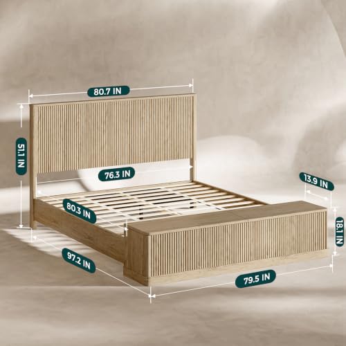 Fluted Oak King Bed Frame with 51'' Headboard & Storage Bench, view 3