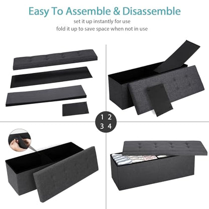 43 Inches Folding Storage Ottoman Bench, Ottoman Foot Rest, Storage Chest, 660 lbs Load Capacity, End of Bed Bench with Divider for Living Room, Bedroom, Entryway, Linen Fabric, Dark Grey