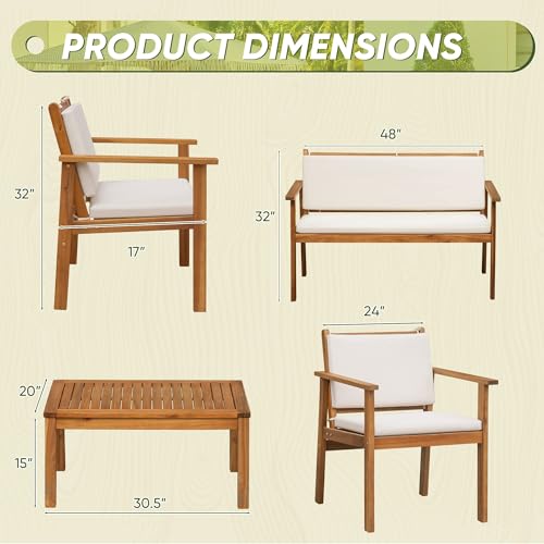 Patio Furniture 4 Piece Outdoor Acacia Wood Patio Conversation Sofa Set with Table & Cushions Porch Furniture for Deck, Balcony, Backyard
