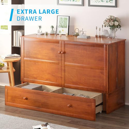 Queen Size Murphy Bed Cabinet with Tri-Fold Mattress Not Included, Wooden Cabinet Bed with Built-in USB Charging Station and 2 Storage Drawers, Cube Chest Beds for Office Guest Room, Cherry
