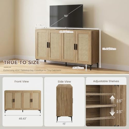 Sideboard Buffet Cabinet with Storage, Rattan Boho Modern Credenza, view 3