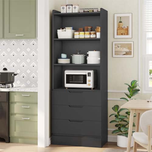 Bookcase with 3 Drawers and Shelves 73.23'' Tall Bookshelf with Storage Modern Wood Closet Drawers System,Closet Organizer Unit Freestanding Tall Storage Cabinet for Home Office,Bathroom,Black