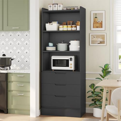 Bookcase with 3 Drawers and Shelves 73.23'' Tall Bookshelf with Storage Modern Wood Closet Drawers System,Closet Organizer Unit Freestanding Tall Storage Cabinet for Home Office,Bathroom,Black