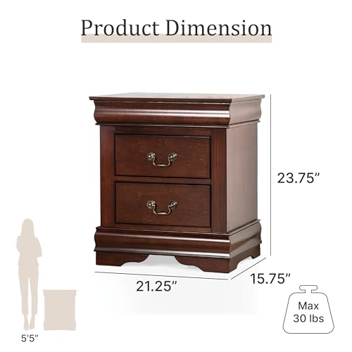 Louis Philippe Traditional Solid Wood 3 Piece Bedroom Set, Queen Bed Frame and Nightstands Set of 2, Sleigh Design Bedframe with Headboard and Footboard, Box Spring Needed, Cherry