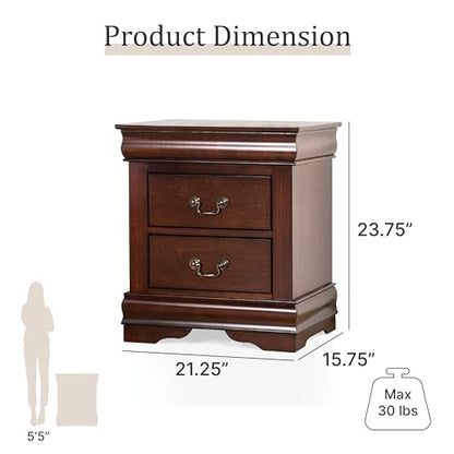 Louis Philippe Traditional Solid Wood 3 Piece Bedroom Set, Queen Bed Frame and Nightstands Set of 2, Sleigh Design Bedframe with Headboard and Footboard, Box Spring Needed, Cherry