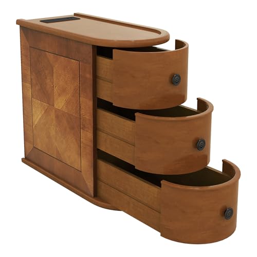 Narrow End Table with Charging Station, Wood Side Table with Drawers for Small Spaces, 3-Drawer Nightstand with Storage, Slim Bedside Cabinet for Living Room/Bedroom/Corner, Fully Assembled, Walnut
