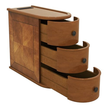 Narrow End Table with Charging Station, Wood Side Table with Drawers for Small Spaces, 3-Drawer Nightstand with Storage, Slim Bedside Cabinet for Living Room/Bedroom/Corner, Fully Assembled, Walnut