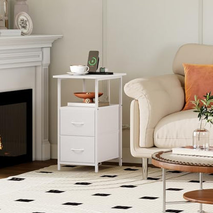 End Table with Charging Station, Narrow Side Table with 2 Fabric Drawers, Skinny Nightstand with Storage, Small Slim Bedside Table for Living Room, Sofa, Bedroom, Couch, White Leather