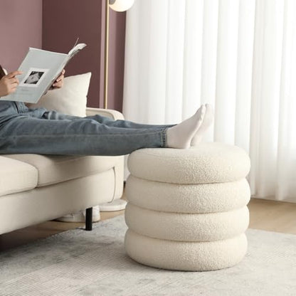 Boucle Ottoman with Storage, Small Round Footrest Stool for Living Room Bedroom, Upholstered Sherpa Vanity Seat with Removable Lid, Modern Comfy Foot Stool for Couch Entryway, Off White