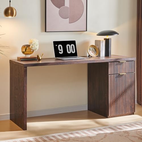 60" Modern Executive Desk with Storage, Wood Home Office Desk with Drawer & Cabinet, Fluted Computer Writing Desk for Study, Living Room, Bedroom, Dark Walnut