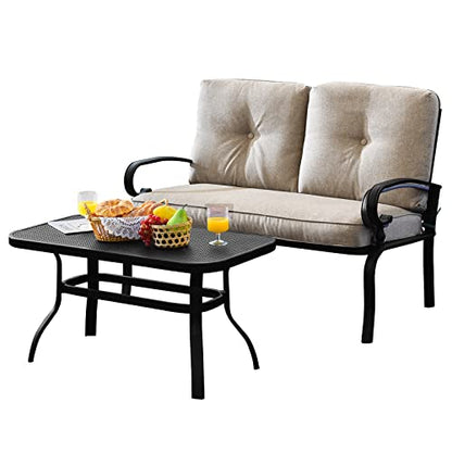 Patio Loveseat with Table Set, 2 Seat Cushioned Sofa with Coffee Table, Patio Conversation Sofa Set with Rustproof Frame, 2 Pieces Outdoor Furniture Set for Garden, Poolside, Balcony (Beige)
