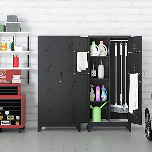 Metal Storage Cabinet with Lock, 71" Garage Storage Cabinets with Hanging Rod & S-Hooks, Large Storage Cabinet, Locking Tool Utility Closet, Black
