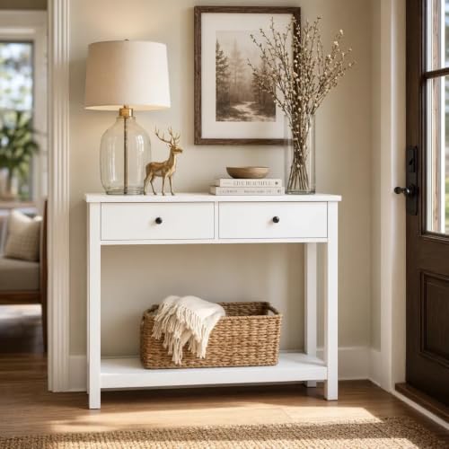 Console Table with Drawers, Sofa Table with Storage Shelves, 2-Tier Wooden Entryway Table for Living Room, Kitchen, Hallway, Foyer, White