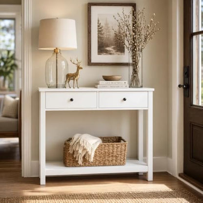 Console Table with Drawers, Sofa Table with Storage Shelves, 2-Tier Wooden Entryway Table for Living Room, Kitchen, Hallway, Foyer, White