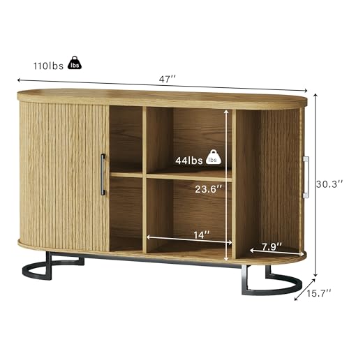 47.2" Sideboard Buffet Cabinet with Storage, Fluted Storage Cabinet with Sliding Door & Adjustable Shelf, Modern Tambour Sideboard Buffet for Kitchen, Living Room, Entryway, Oak